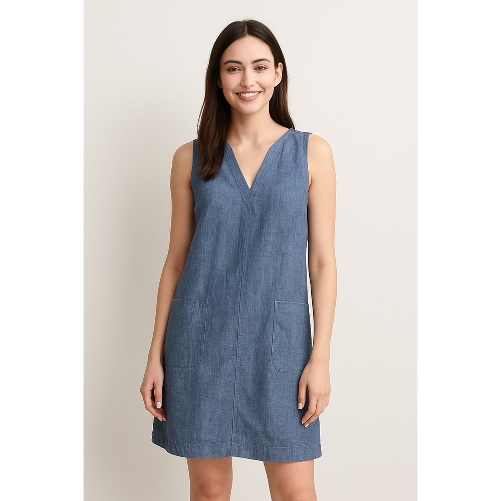 Loft 100% Linen Sleeveless‎ Shift Dress Blue Chambray V-Neck Pockets Sz 8 Womens